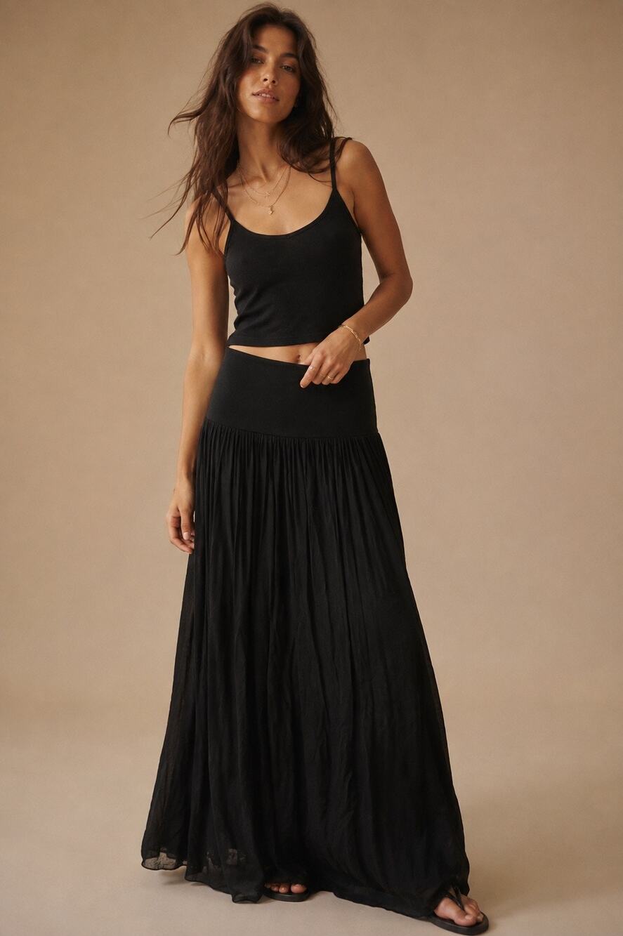 Free For Humanity Black Silk Blend Maxi Skirt Italy Boho Lagenlook One Size